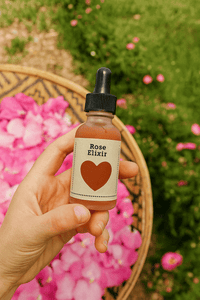 Hand holding Apis Apotheca Rose Elixir Herbal Tincture 🌹 for Heart Support, Nervous System Calm & Emotional Balance. 