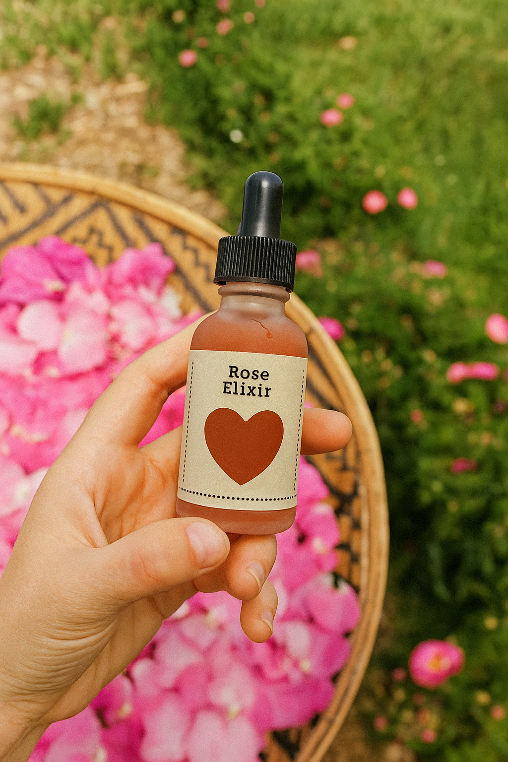 Hand holding Apis Apotheca Rose Elixir Herbal Tincture 🌹 for Heart Support, Nervous System Calm & Emotional Balance